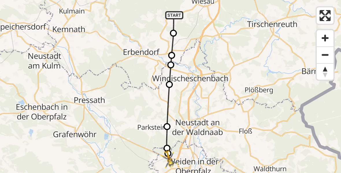 Flugroute Rettungshubschrauber Friedenfels - Weiden i.d.OPf., 14 Mai 2026, 15:13