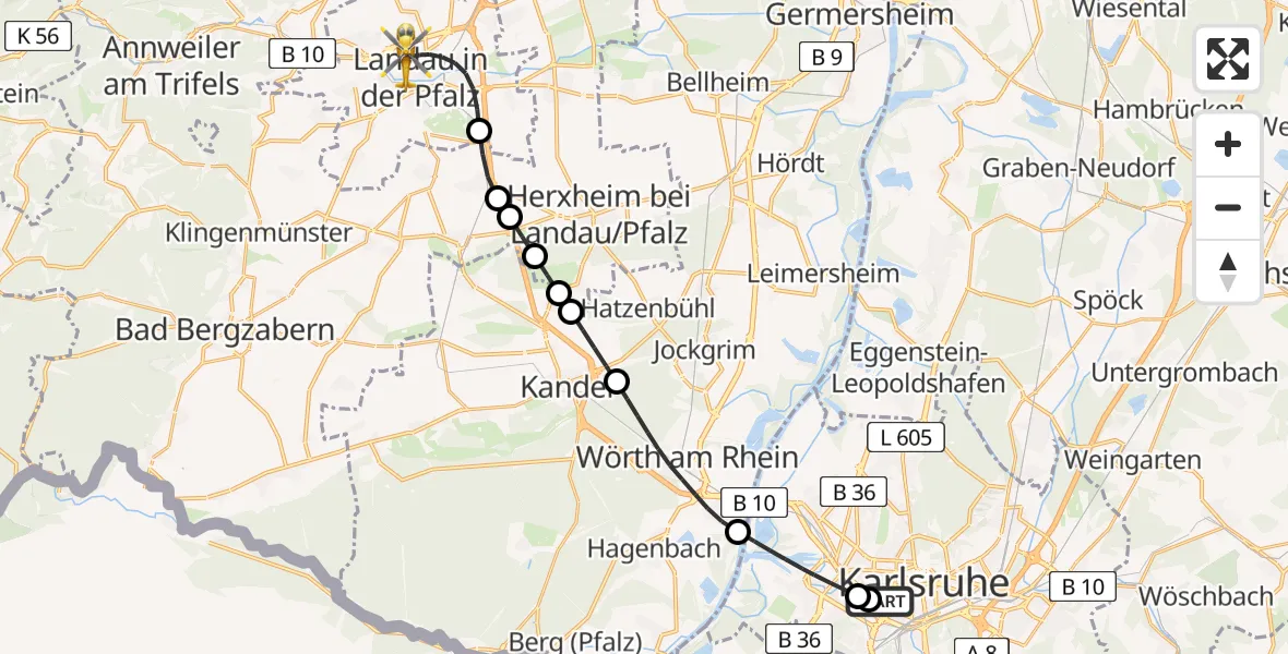 Flugroute Rettungshubschrauber Sankt Vincentius Hospital - Landau in der Pfalz, 14 Mai 2026, 15:13
