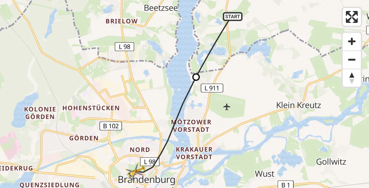 Flugroute Rettungshubschrauber Beetzseeheide - Brandenburg an der Havel, 14 Mai 2026, 15:13
