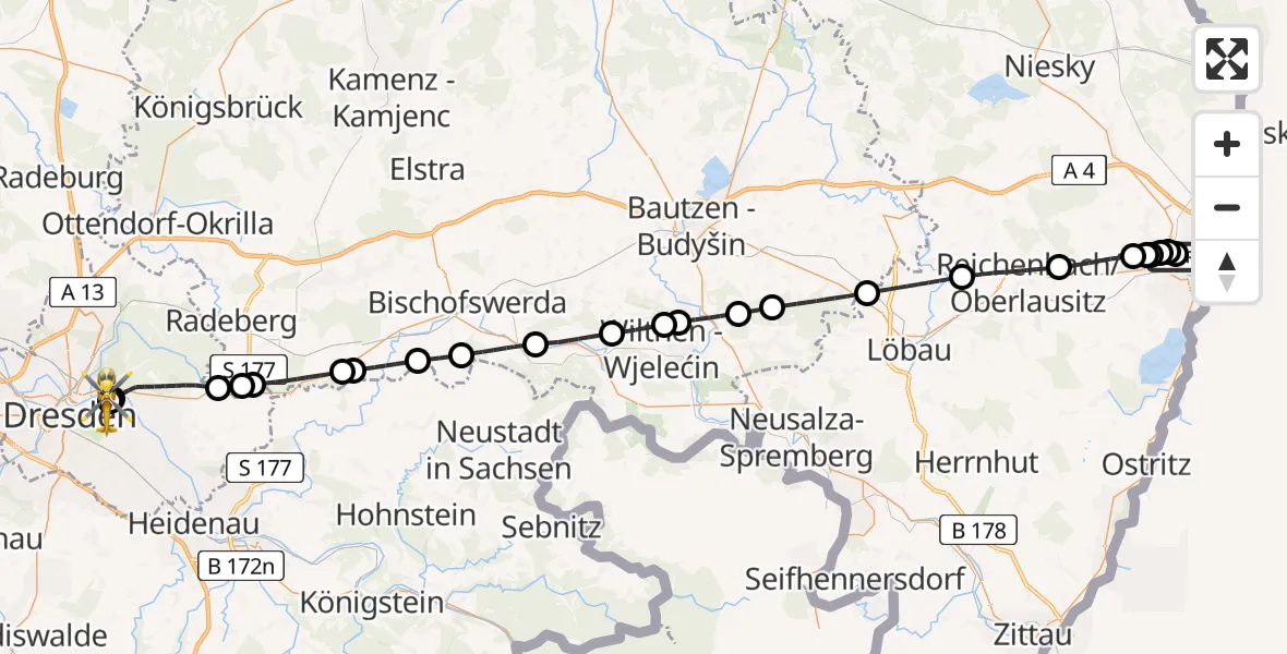 Flugroute Rettungshubschrauber Görlitz Hospital - Dresden University Hospital, 14 Mai 2026, 15:18