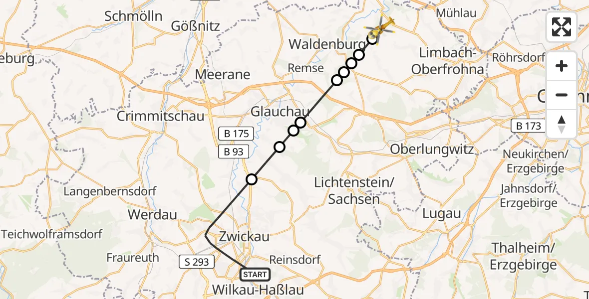 Flugroute Rettungshubschrauber Zwickau - Limbach-Oberfrohna, 14 Mai 2026, 15:24