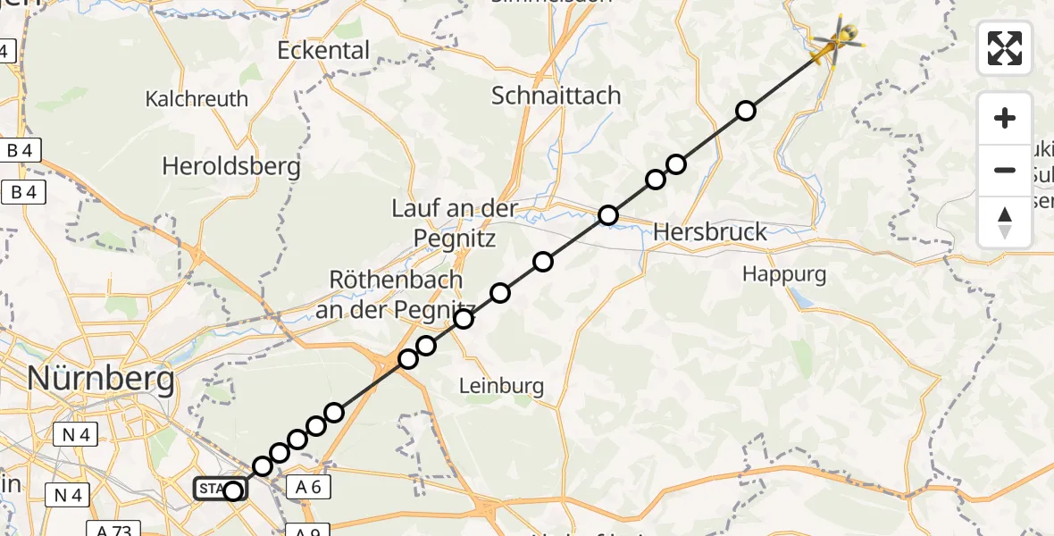 Flugroute Ambulanzhubschrauber Nürnberg South Hospital - Vorra, 14 Mai 2026, 15:26