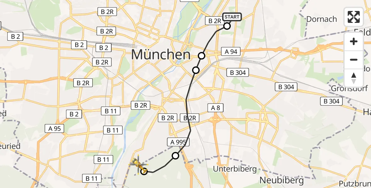 Flugroute Rettungshubschrauber München Bogenhausen Hospital - ADAC Air Rescue Center Hubschrauberlandeplatz (Christoph 1), 14 Mai 2026, 15:28