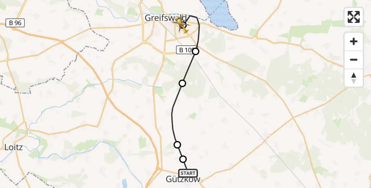 Flugroute Rettungshubschrauber Gützkow - Greifswald Hospital, 14 Mai 2026, 15:29