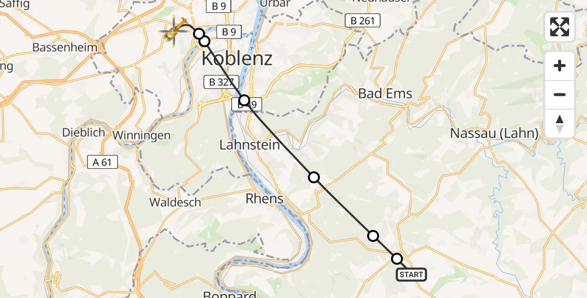 Flugroute Rettungshubschrauber Winterwerb - Koblenz, 14 Mai 2026, 15:33