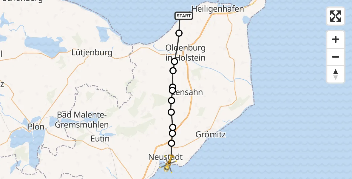 Flugroute Ambulanzhubschrauber Gremersdorf - Neustadt in Holstein, 14 Mai 2026, 15:34