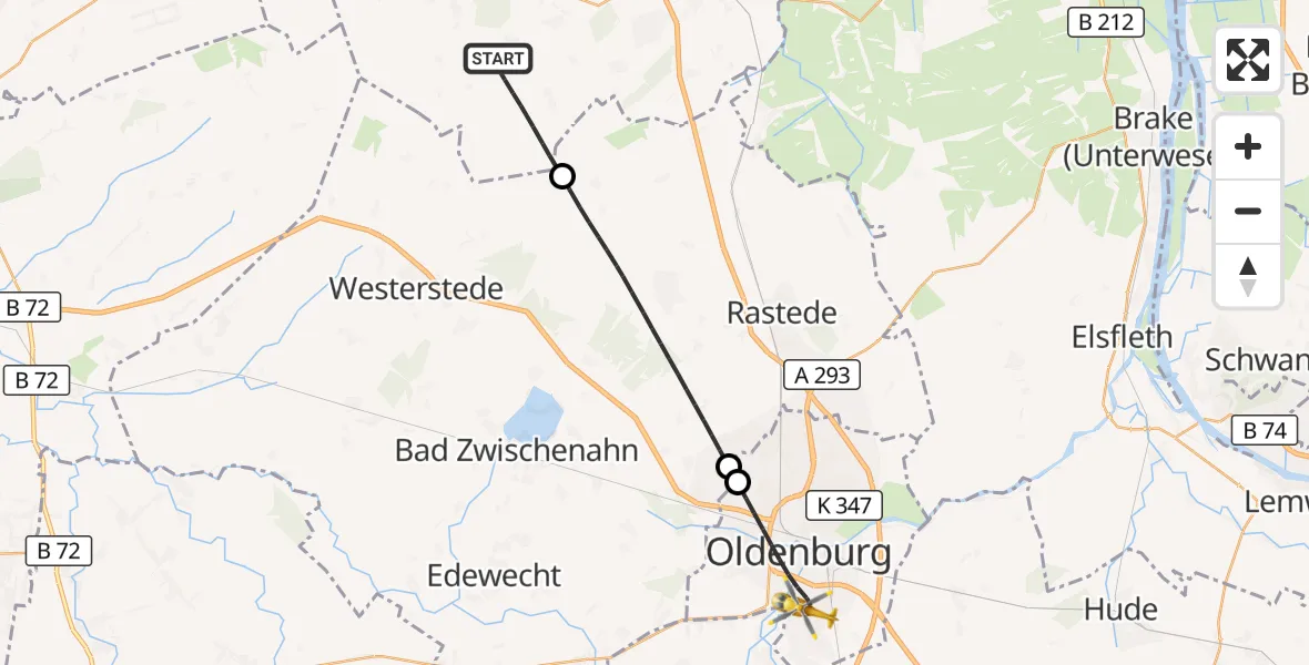 Flugroute Rettungshubschrauber Bockhorn - Oldenburg (Oldb), 14 Mai 2026, 15:46