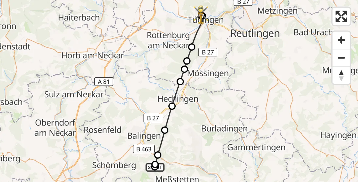 Flugroute Rettungshubschrauber Meßstetten - Tübingen University Hospital, 14 Mai 2026, 15:49