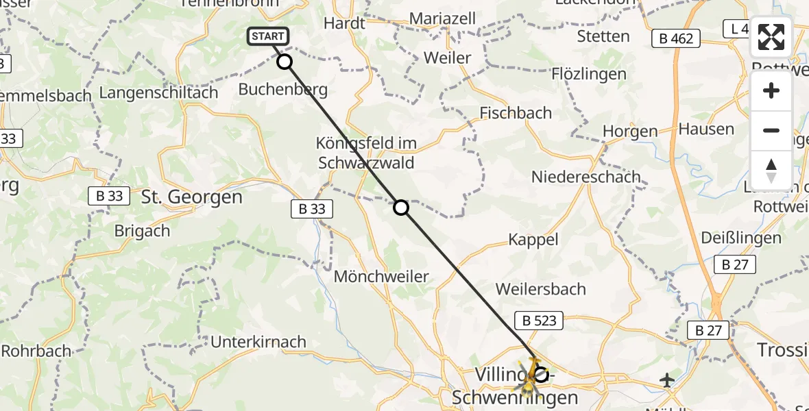Flugroute Rettungshubschrauber Schramberg - DRF Air Rescue Station Villingen-Schwenningen Hubschrauberlandeplatz (Christoph 11), 14 Mai 2026, 15:51