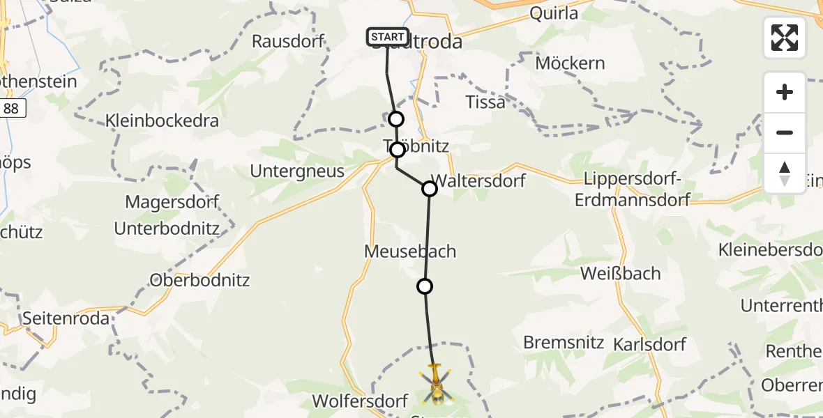 Flugroute Rettungshubschrauber Stadtroda - Neustadt an der Orla, 14 Mai 2026, 15:59