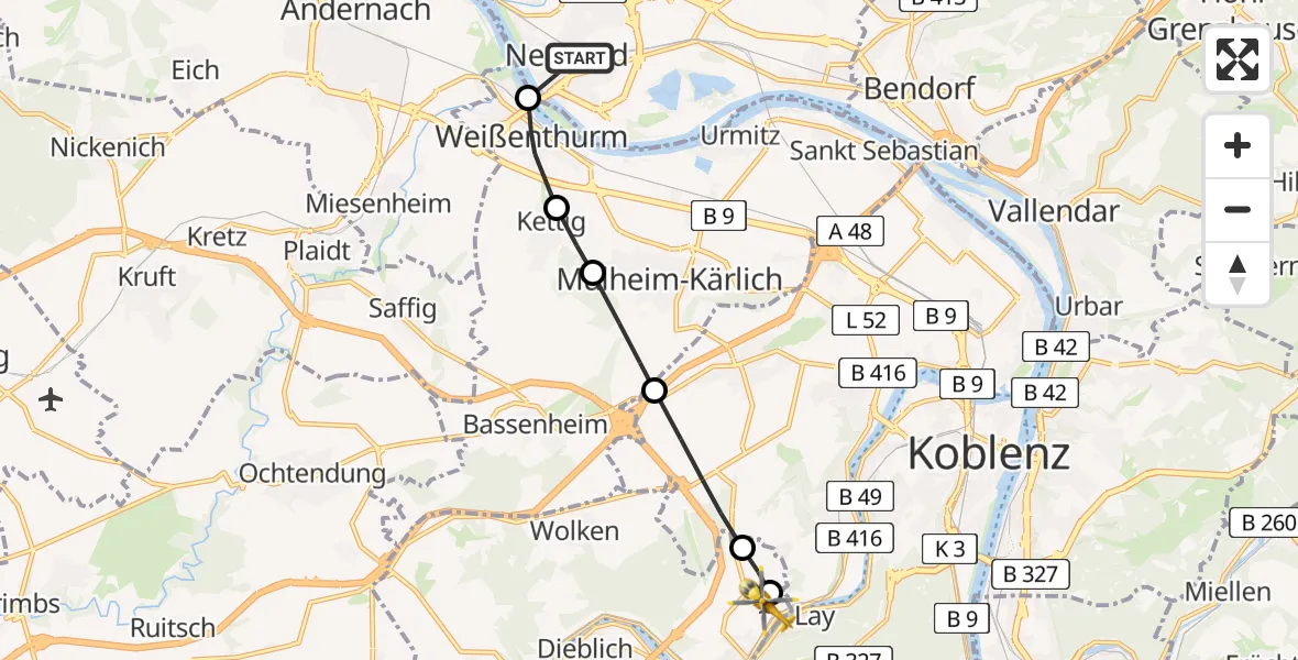 Flugroute Ambulanzhubschrauber Neuwied - Koblenz-Winningen Flugplatz, 14 Mai 2026, 16:01