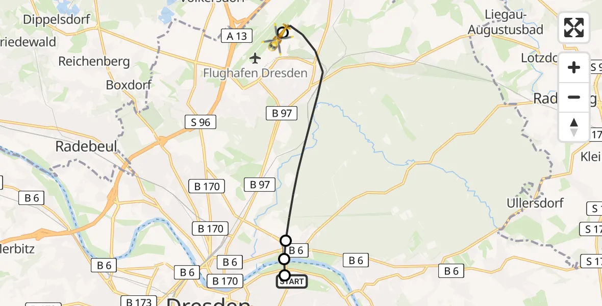 Flugroute Rettungshubschrauber Dresden University Hospital - Dresden Bundespolizei Hubschrauberlandeplatz, 14 Mai 2026, 16:03