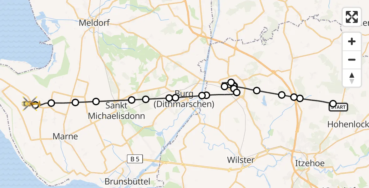 Flugroute Rettungshubschrauber Itzehoe Hungriger Wolf Flugplatz - Friedrichskoog, 14 Mai 2026, 16:04