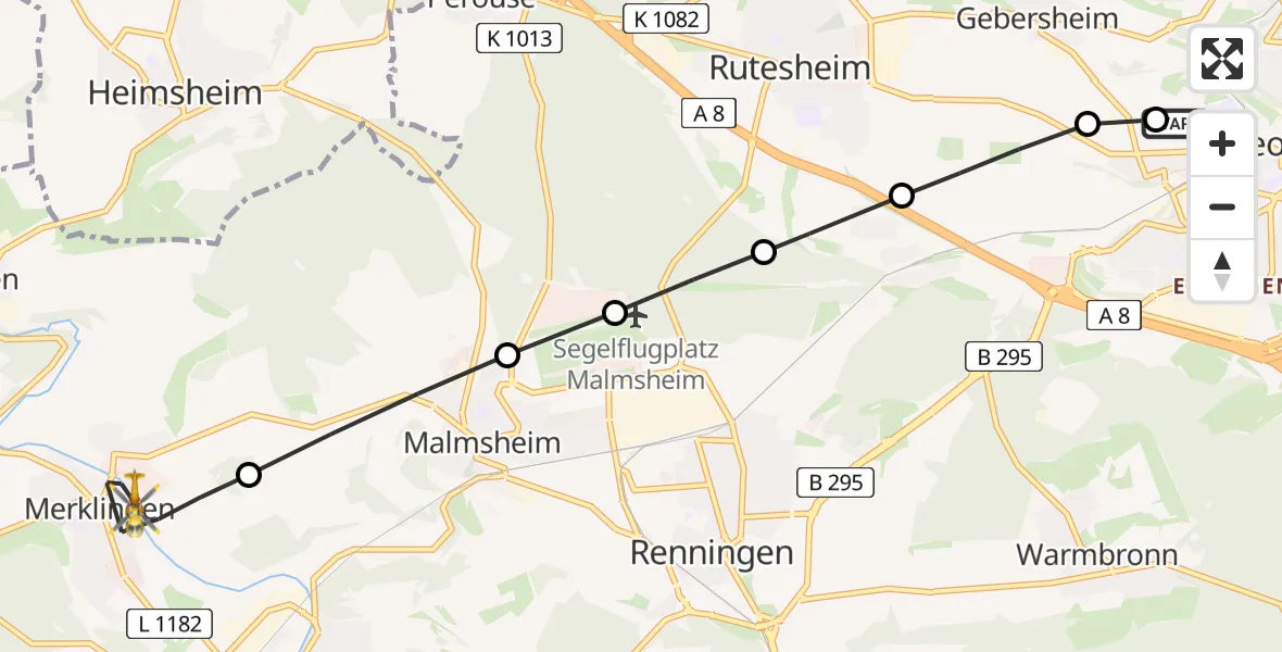 Flugroute Rettungshubschrauber Leonberg Hospital - Weil der Stadt, 14 Mai 2026, 16:08