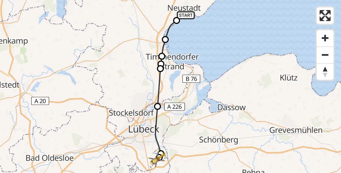 Flugroute Ambulanzhubschrauber Neustadt in Holstein - Lübeck Blankensee Flughafen, 14 Mai 2026, 16:10