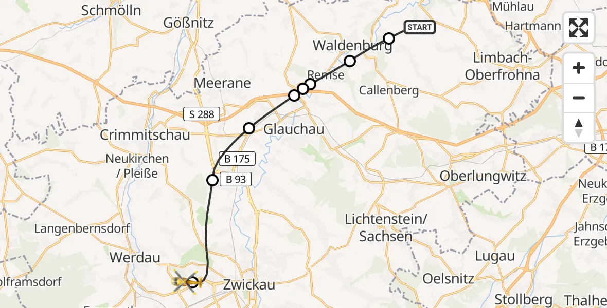 Flugroute Rettungshubschrauber Limbach-Oberfrohna - ADAC Air Rescue Station Zwickau Hubschrauberlandeplatz, 14 Mai 2026, 16:13