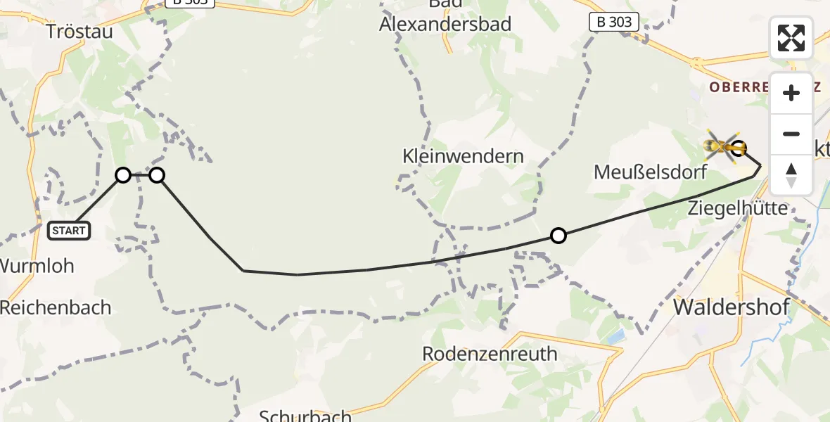 Flugroute Rettungshubschrauber Nagel - Fichtelgebirge Hospital Marktredwitz, 14 Mai 2026, 16:22