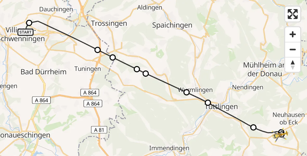 Flugroute Rettungshubschrauber DRF Air Rescue Station Villingen-Schwenningen Hubschrauberlandeplatz (Christoph 11) - Emmingen-Liptingen, 14 Mai 2026, 16:27