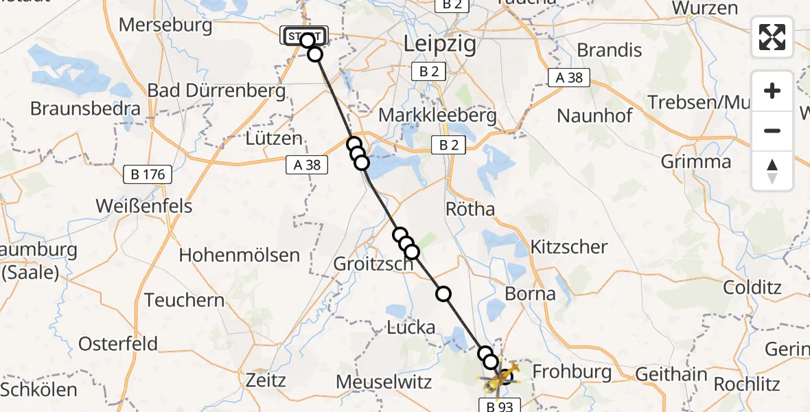 Flugroute Rettungshubschrauber ADAC Air Rescue Station Leipzig/Schkeuditz-Dölzig Hubschrauberlandeplatz (Christoph 61) - Fockendorf, 14 Mai 2026, 16:28