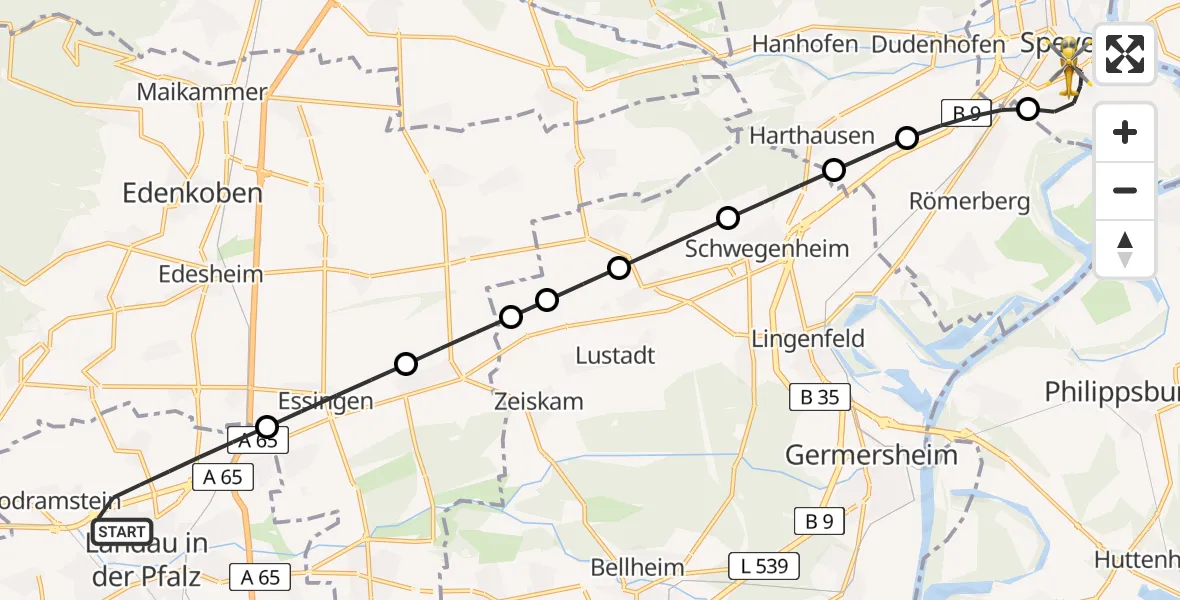 Flugroute Rettungshubschrauber Landau in der Pfalz - Speyer, 14 Mai 2026, 16:29