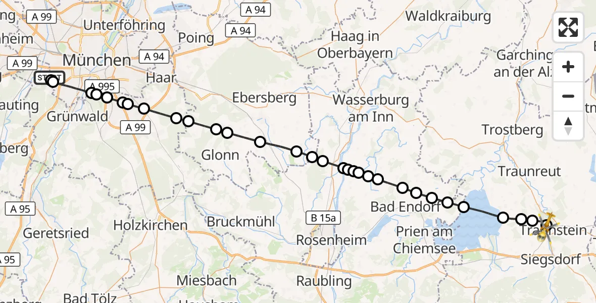 Flugroute Rettungshubschrauber DRF Air Rescue München Hubschrauberlandeplatz - Traunstein Hospital, 14 Mai 2026, 16:30