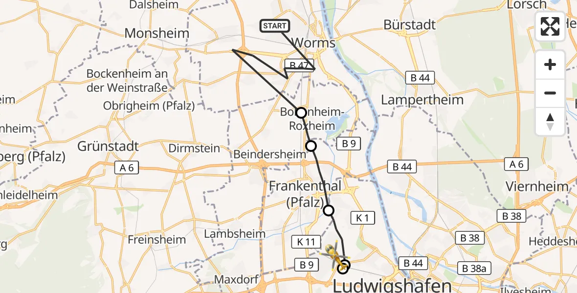 Flugroute Rettungshubschrauber Worms - Ludwigshafen am Rhein, 14 Mai 2026, 16:33