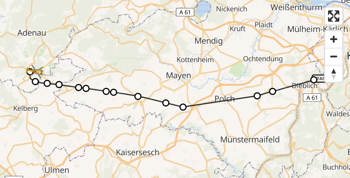Flugroute Ambulanzhubschrauber Winningen - Nürburg, 14 Mai 2026, 16:33