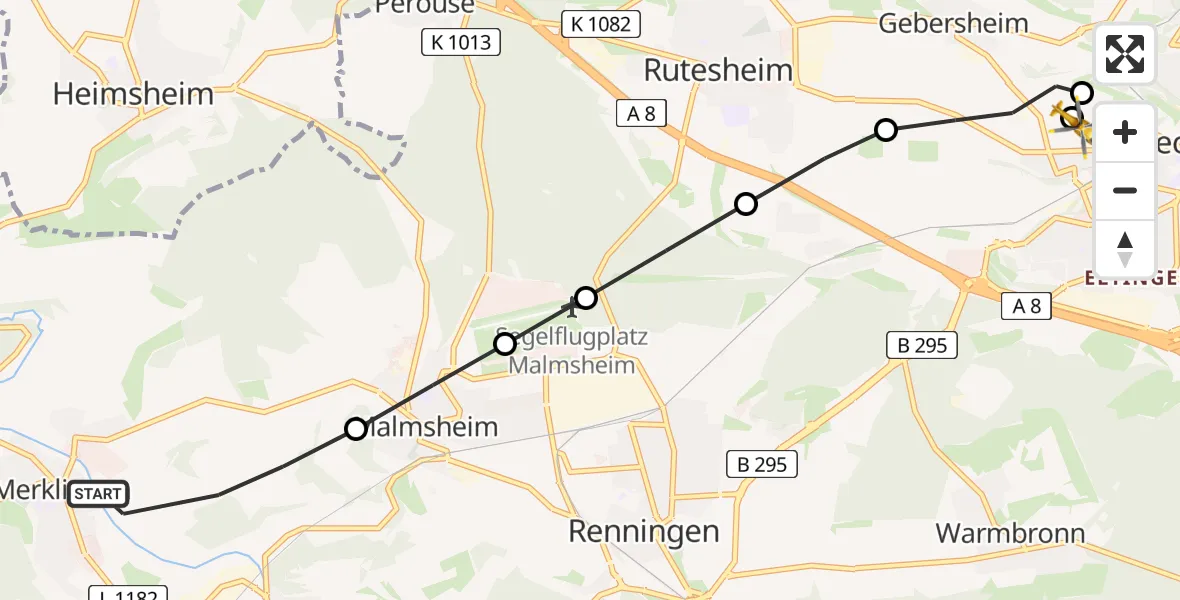 Flugroute Rettungshubschrauber Weil der Stadt - Leonberg Hospital, 14 Mai 2026, 16:38