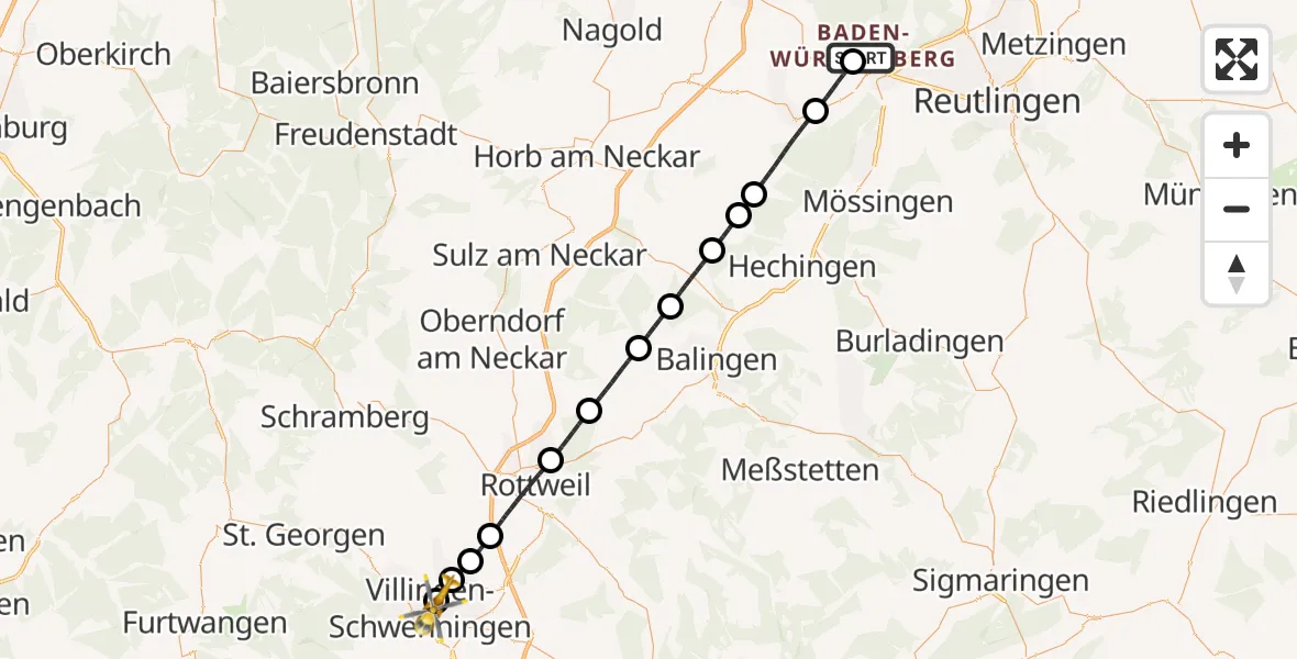 Flugroute Rettungshubschrauber Tübingen University Hospital - DRF Air Rescue Station Villingen-Schwenningen Hubschrauberlandeplatz (Christoph 11), 14 Mai 2026, 16:39
