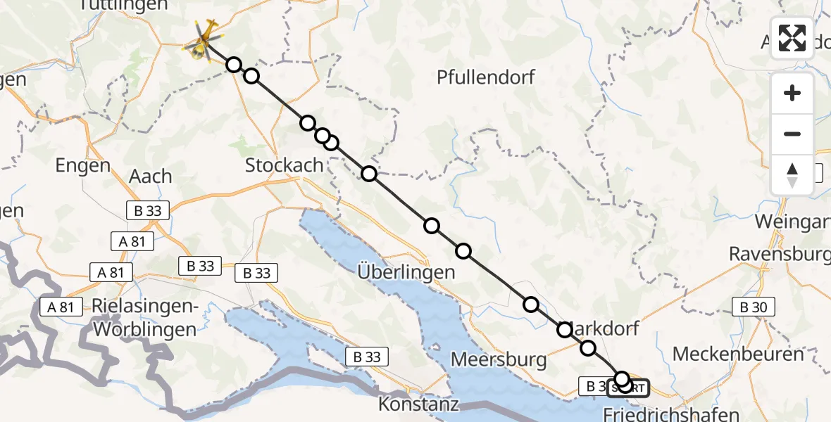 Flugroute Rettungshubschrauber Friedrichshafen Hospital - Neuhausen ob Eck, 14 Mai 2026, 16:40