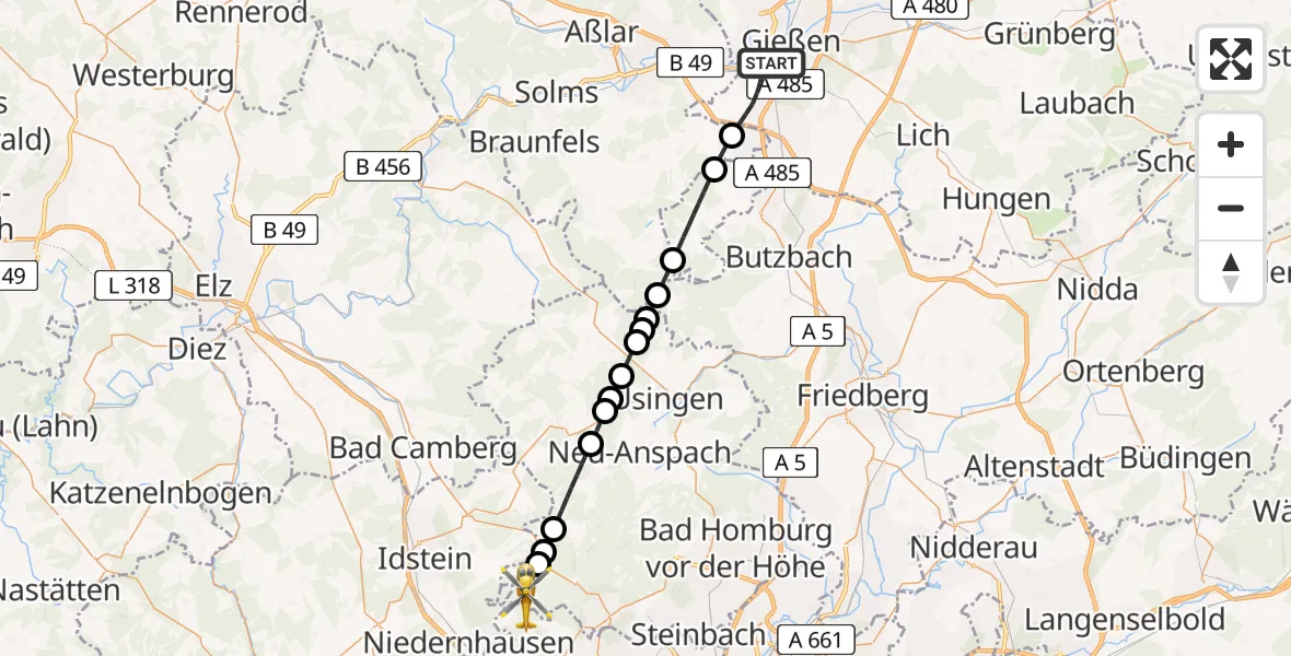 Flugroute Rettungshubschrauber Gießen - Glashütten, 14 Mai 2026, 16:43