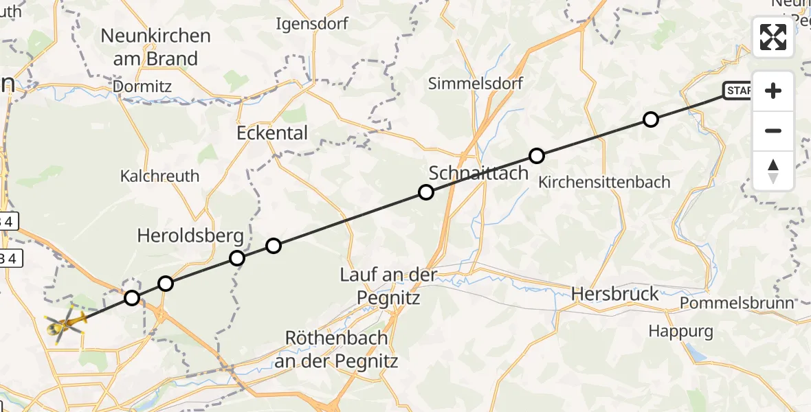 Flugroute Ambulanzhubschrauber Hartenstein - Flughafen Nuremberg, 14 Mai 2026, 16:45