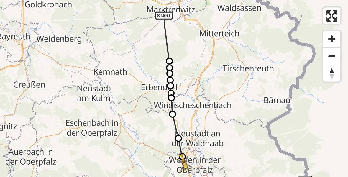 Flugroute Rettungshubschrauber Waldershof - Weiden i.d.OPf., 14 Mai 2026, 16:46
