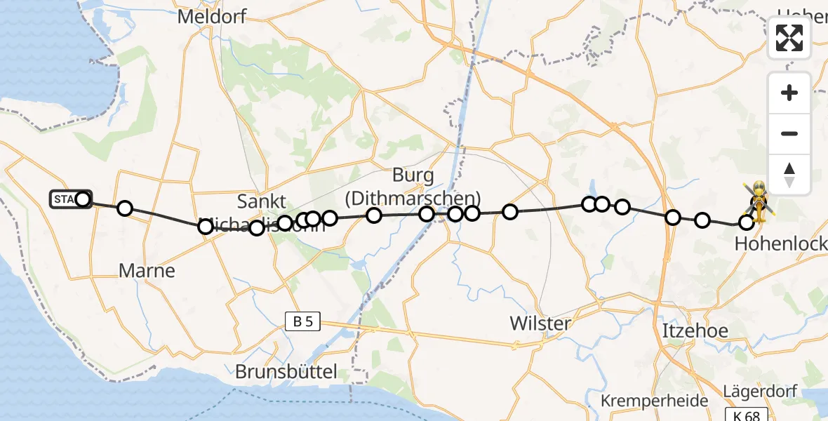 Flugroute Rettungshubschrauber Friedrichskoog - Itzehoe Hungriger Wolf Flugplatz, 14 Mai 2026, 16:50