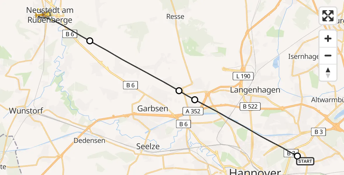 Flugroute Rettungshubschrauber Hannover Luftrettung Hubschrauberlandeplatz (Christoph 4) - Neustadt am Rübenberge, 14 Mai 2026, 17:07