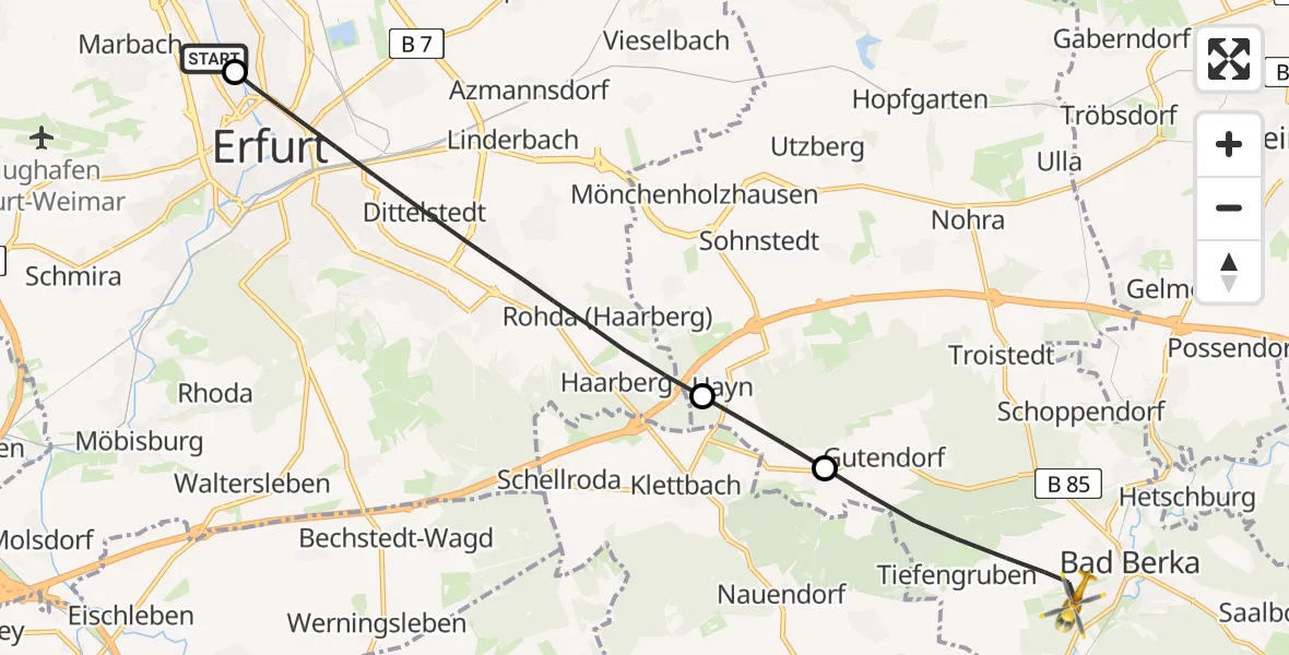 Flugroute Ambulanzhubschrauber Helios Clinic Erfurt - Bad Berka Zentralklinik Hubschrauberlandeplatz, 14 Mai 2026, 17:12