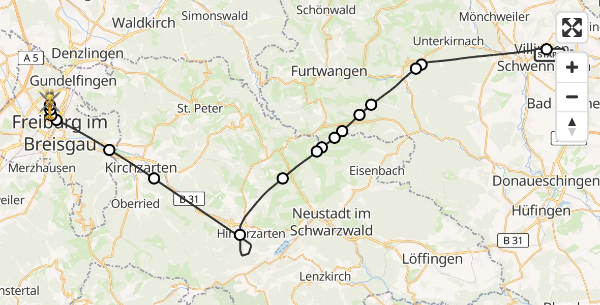 Flugroute Rettungshubschrauber DRF Air Rescue Station Villingen-Schwenningen Hubschrauberlandeplatz (Christoph 11) - Freiburg im Breisgau Flugplatz, 14 Mai 2026, 17:16
