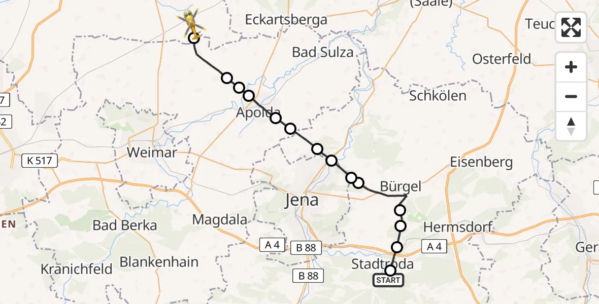 Flugroute Rettungshubschrauber Tröbnitz - Buttstädt, 14 Mai 2026, 17:17