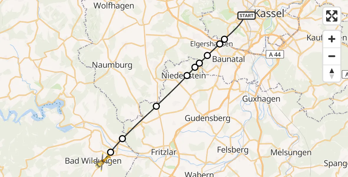 Flugroute Rettungshubschrauber Kassel - Bad Wildungen, 14 Mai 2026, 17:22