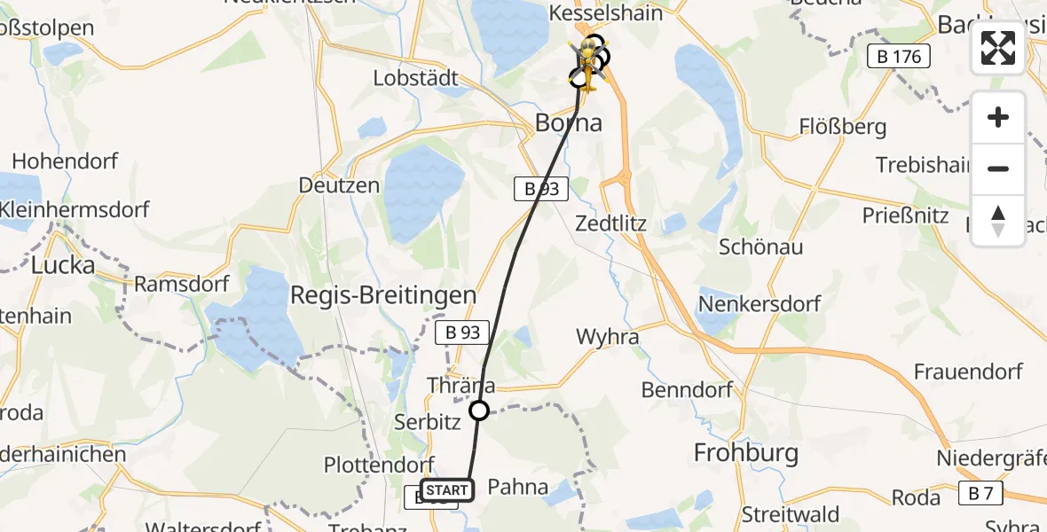 Flugroute Rettungshubschrauber Fockendorf - Sana Hospital Borna, 14 Mai 2026, 17:22