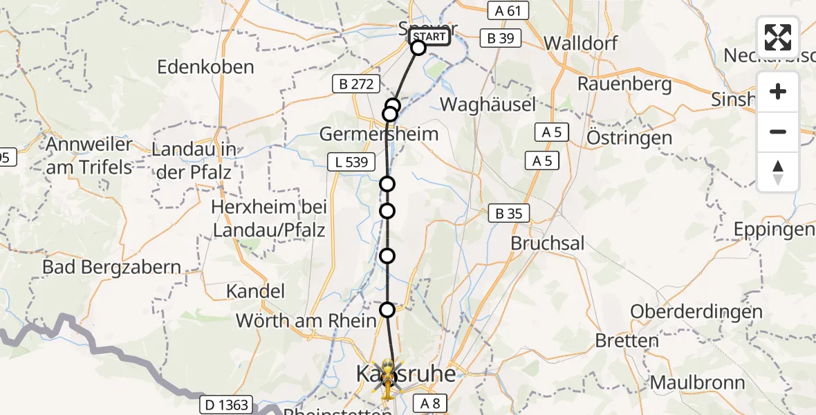 Flugroute Rettungshubschrauber Speyer - Sankt Vincentius Hospital, 14 Mai 2026, 17:23