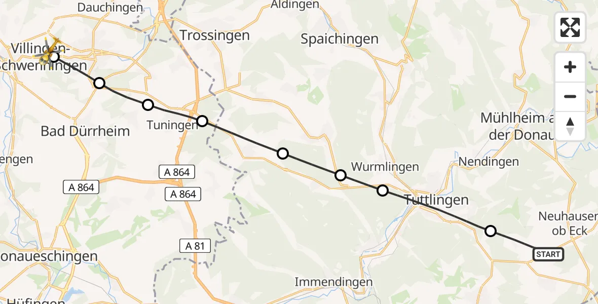 Flugroute Rettungshubschrauber Emmingen-Liptingen - DRF Air Rescue Station Villingen-Schwenningen Hubschrauberlandeplatz (Christoph 11), 14 Mai 2026, 17:29
