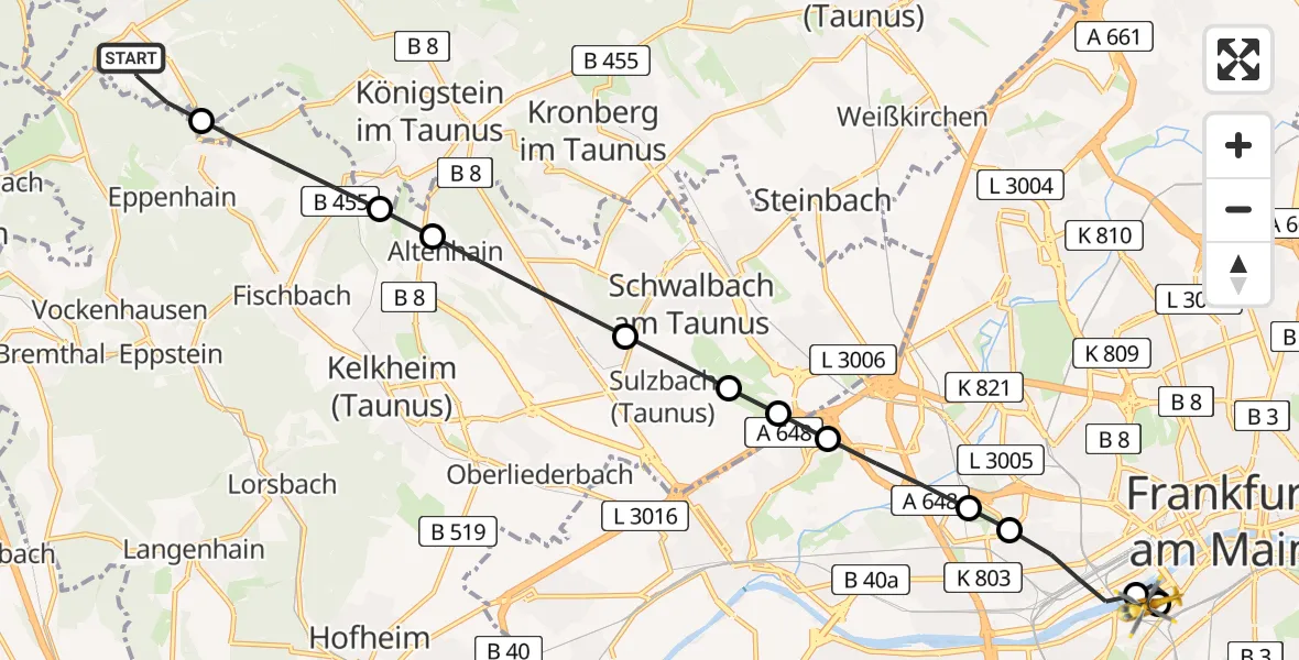 Flugroute Rettungshubschrauber Glashütten - Frankfurt University Hospital, 14 Mai 2026, 17:39
