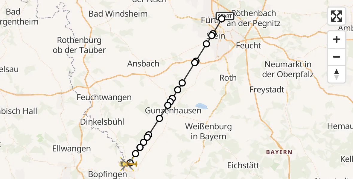 Flugroute Ambulanzhubschrauber Flughafen Nuremberg - Wallerstein, 14 Mai 2026, 17:43