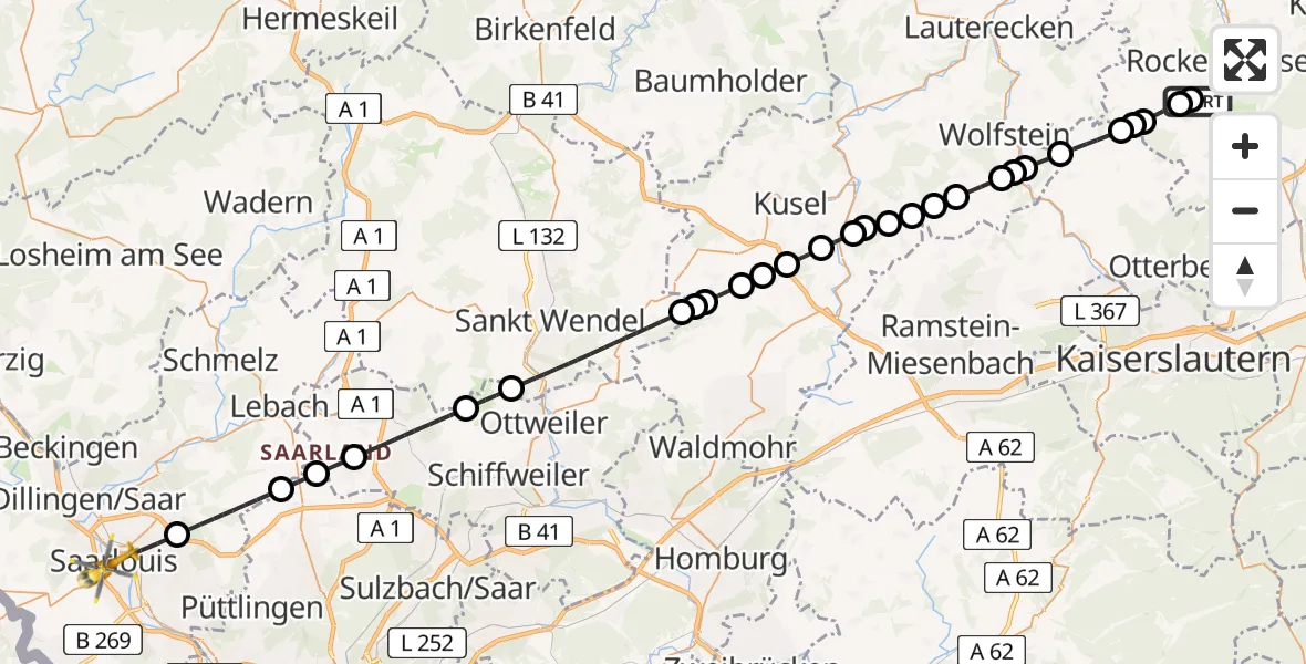 Flugroute Rettungshubschrauber Imsweiler UL - Saarlouis, 14 Mai 2026, 17:45