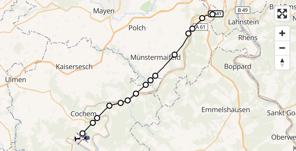 Flugroute Polizeihubschrauber Koblenz-Winningen Flugplatz - Ediger-Eller, 14 Mai 2026, 17:47