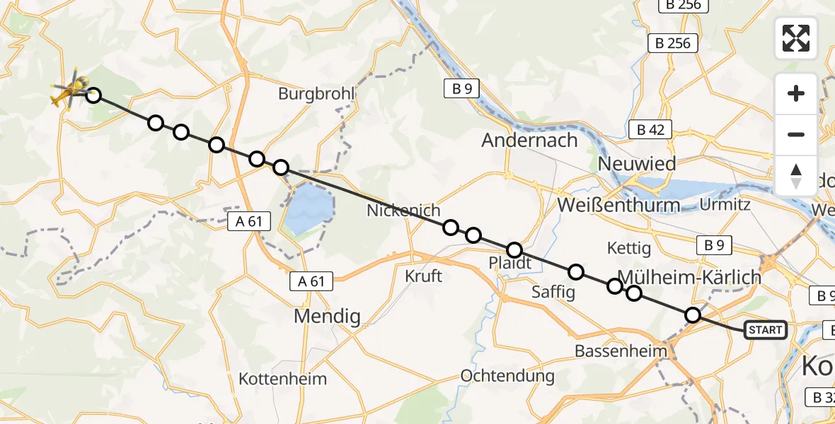 Flugroute Rettungshubschrauber Koblenz - Oberdürenbach, 14 Mai 2026, 18:07