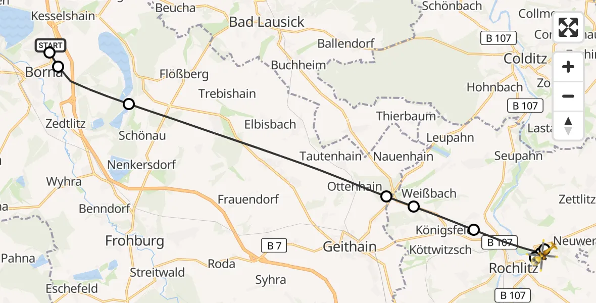 Flugroute Rettungshubschrauber Sana Hospital Borna - Seelitz, 14 Mai 2026, 18:13