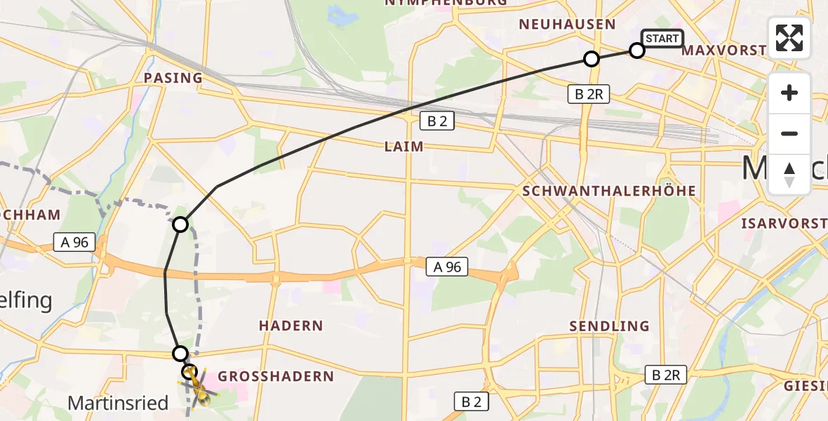 Flugroute Rettungshubschrauber Deutsches Herzzentrum München - DRF Air Rescue München Hubschrauberlandeplatz, 14 Mai 2026, 18:14