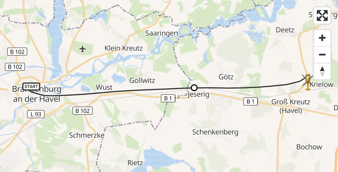 Flugroute Rettungshubschrauber Brandenburg an der Havel - Groß Kreutz (Havel), 14 Mai 2026, 18:21